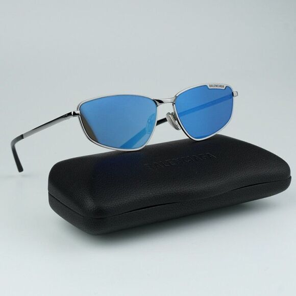 NEW Balenciaga BB0277S 003 Ruthenium Blue Mirrored Geometric Unisex Sunglasses - Picture 1 of 14